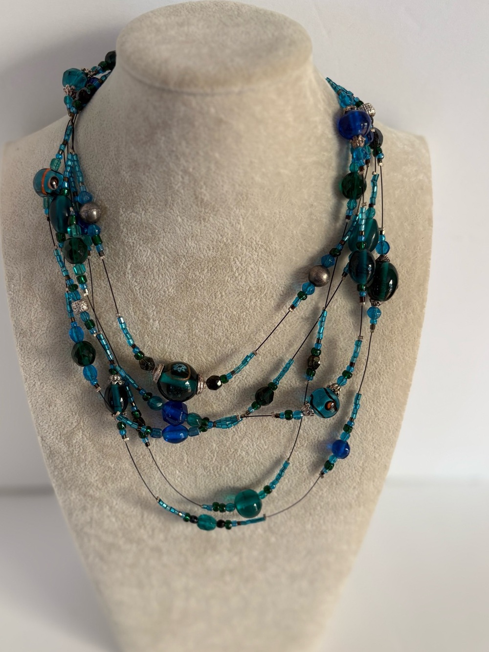 Multi Strand Teal Blue Beaded Statement Necklace Layered Glass Beads